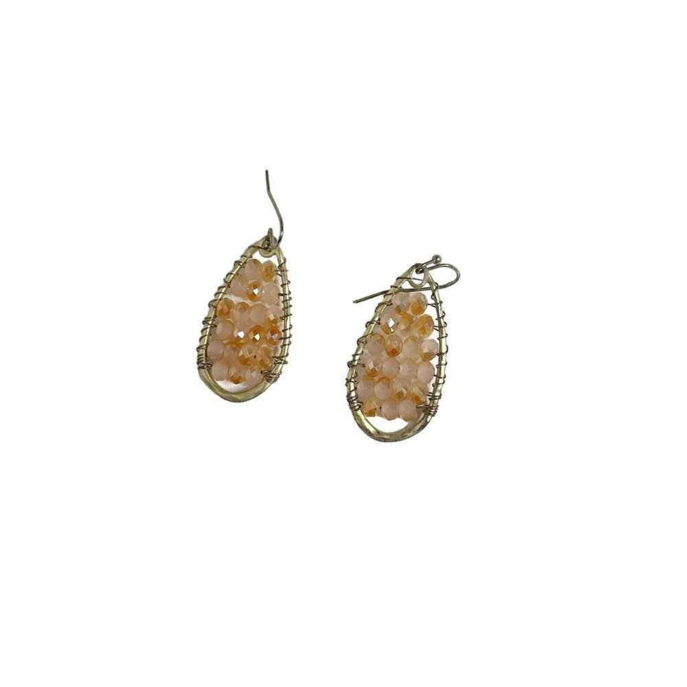 Gold Tone Seed‎ Beaded Wire Tear Drop Dangle Hook Pierced Earrings 1.5"